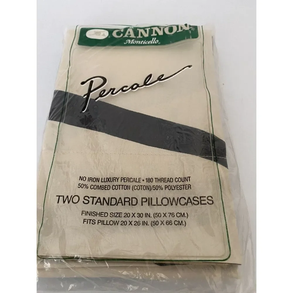 Cannon Pillowcases VTG Monticello Percale No Iron Beige with Black‎ Accents New